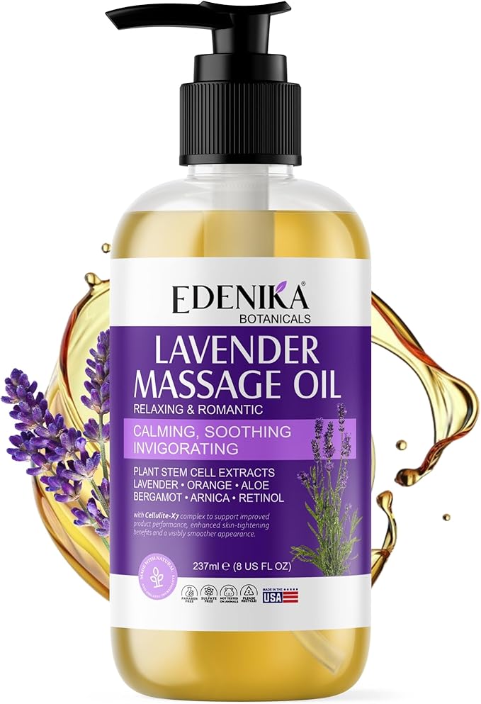 Edenika Botanicals Lavender Massage Oil for Skin, Luxury Aromatherapy & Romantic Massage Oil for Date Night, Relaxing & Hydrating Skin, 8 fl oz