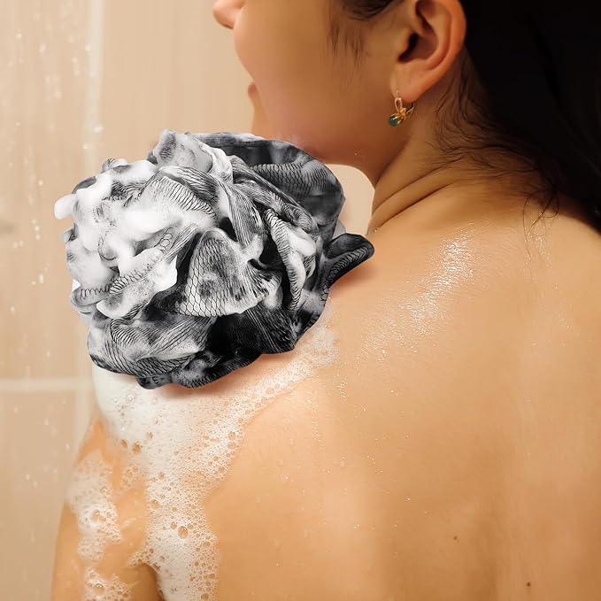 Funnymoom 12 Pcs Travel Size Loofah Individually Wrapped, Small Shower Puff Bath Sponge Pouf Ball Bulk Mesh Bath Puff Mini Loofah Sponge with Case Bulk for Shower Care (25g,Black)