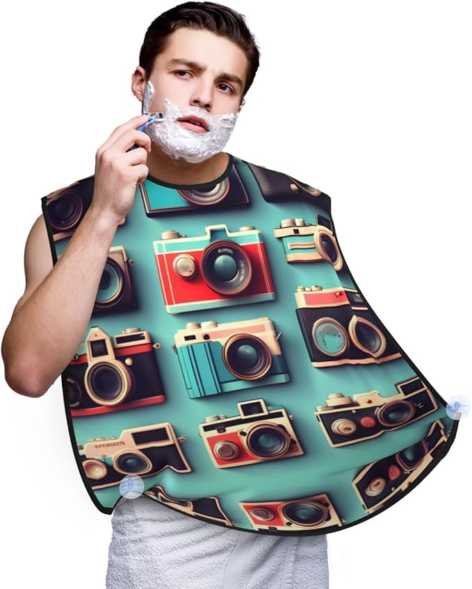 NOUZU Retro Cool Camera Collection Print Beard Bib Apron For Men, Beard Hair Catcher For Men Shaving Trimming,Beard Cape Cloth, Black