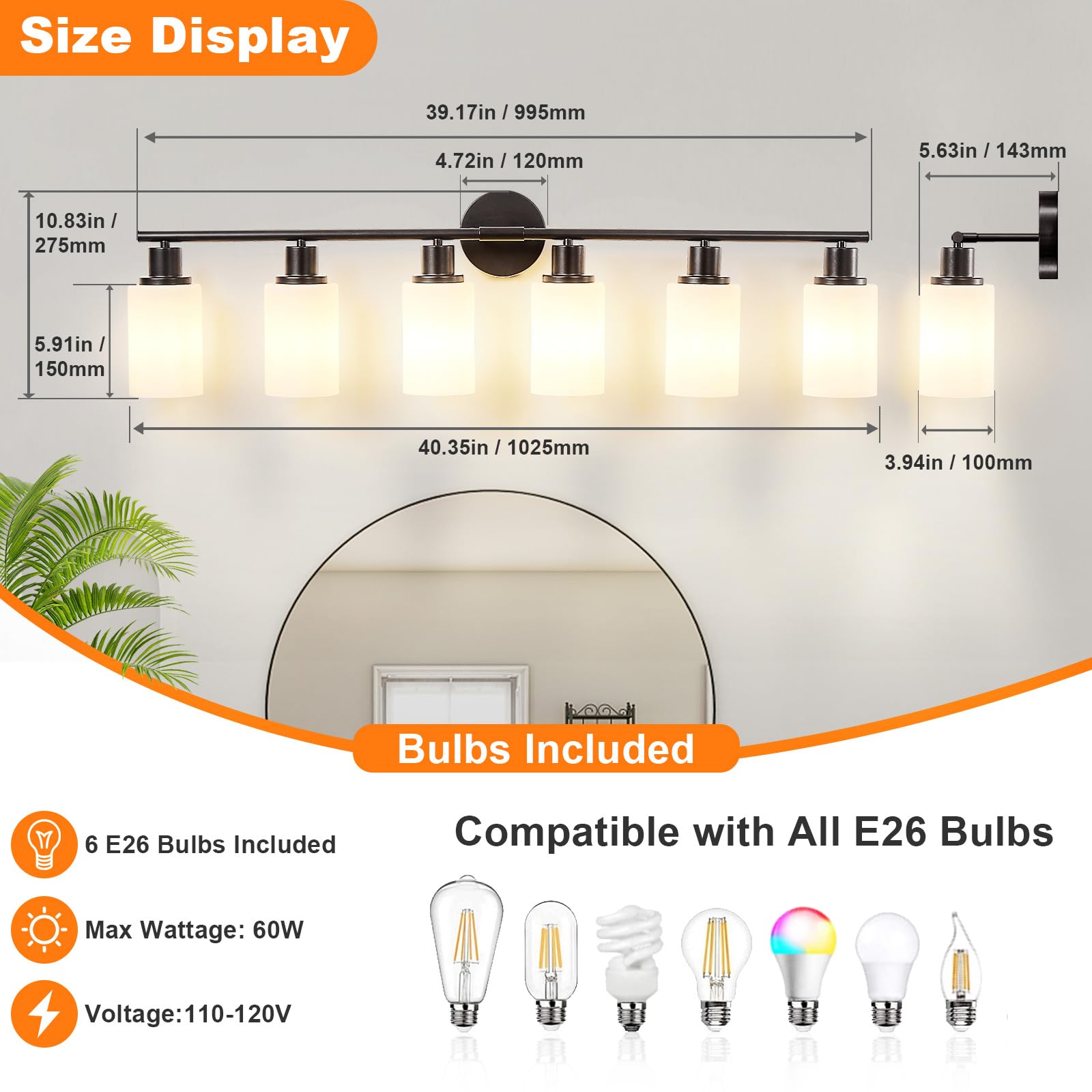 DLLT 6-Light Bathroom Light Fixtures: Black Modern Vanity Lights with E26 Bulbs - Milky White Glass Shade Bathroom Wall Lamp for Mirror Kitchen Living Room Hallway Cabinet Porch