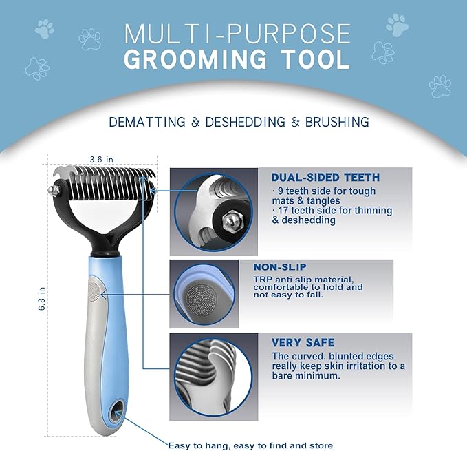 Deshedding Dog Brush - Undercoat Rake for Cats & Dogs - Double Sided Brush for Shedding and Dematting Comb Grooming Tool kit - Nail Clipper & Nail File