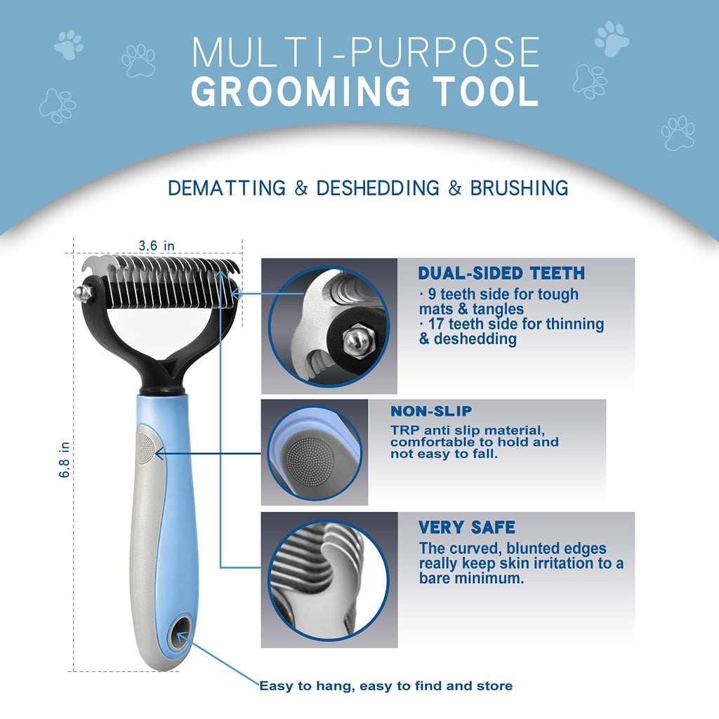 Deshedding Dog Brush - Undercoat Rake for Cats & Dogs - Double Sided Brush for Shedding and Dematting Comb Grooming Tool kit - Nail Clipper & Nail File