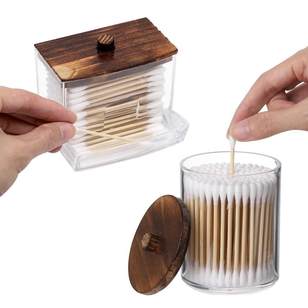 Tbestmax 3 Pack Qtips Holder Bathroom Container, 10 oz Cotton Ball/Swabs Dispenser, Apothecary Jar Organizer for Storage Brown Wood Lids