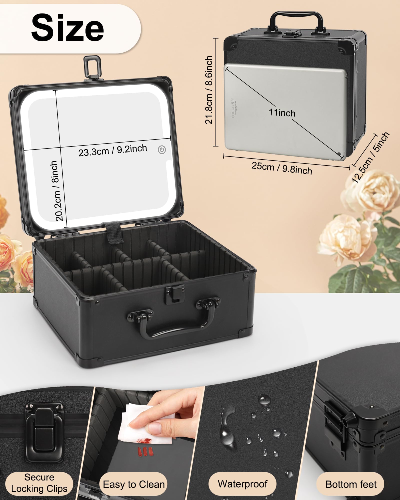 Makeup Case with Lighted Mirror, Travel Makeup Box with LED Mirror Makeup Organizer Bag Portable Cosmetic Train Case Makeup Artist Storage Bags with Adjustable Dividers Gifts for Women and Girls