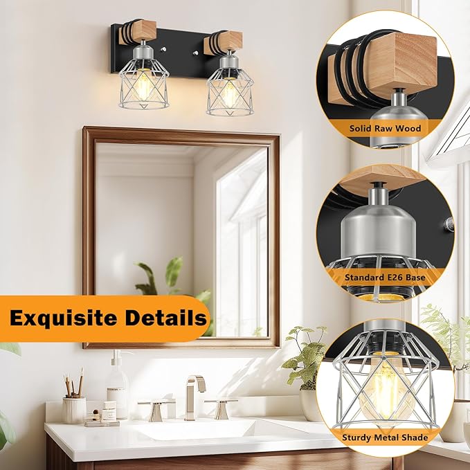 FadimiKoo Farmhouse Bathroom Light Fixtures, Rustic 2-Light Wood Vanity Lights for Bathroom, Industrial Black Silver Wall Lighting with Metal Shade for Bedroom, Living Room, Hallway