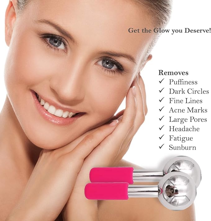 ICE Globes for FACIALS by FABELEGANTE' | Unbreakable Stainless Steel Magic Cooling Beauty Facial Ice Globes for face, Neck & Body | Cryo Sticks & Cold Roller for face Puffiness Set of 2 (Pink)