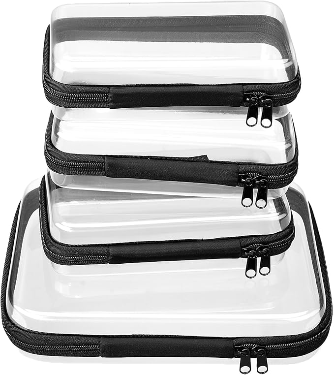 WELPIRT 4 pcs Clear Zipper Pouches,Hard Shell Zipper Case, Toiletry Bag for Travel, CLear Diaper Bag, Toiletry Pouch, Travel Organizer, Cosmetic Bag,Toy Storage Bins (M+3S)(Black)