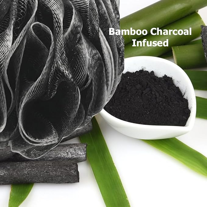 SHOWER BOUQUET Charcoal Back-Loofah-with-Handle & 2 Bath Sponge Puff Set
