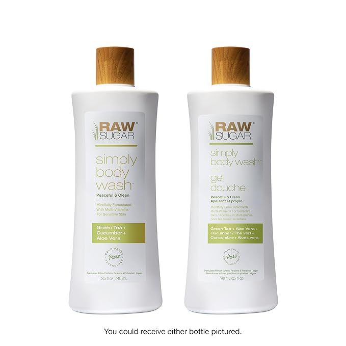 RAW SUGAR Green Tea Aloe Soother Gentle & Hydrating Body Wash, 25 Fl Oz (Pack of 3), Gentle & Soothing Bath & Shower Gel, Sensitive Skin-Friendly, Vegan, Formulated without SLS/SLES & Parabens
