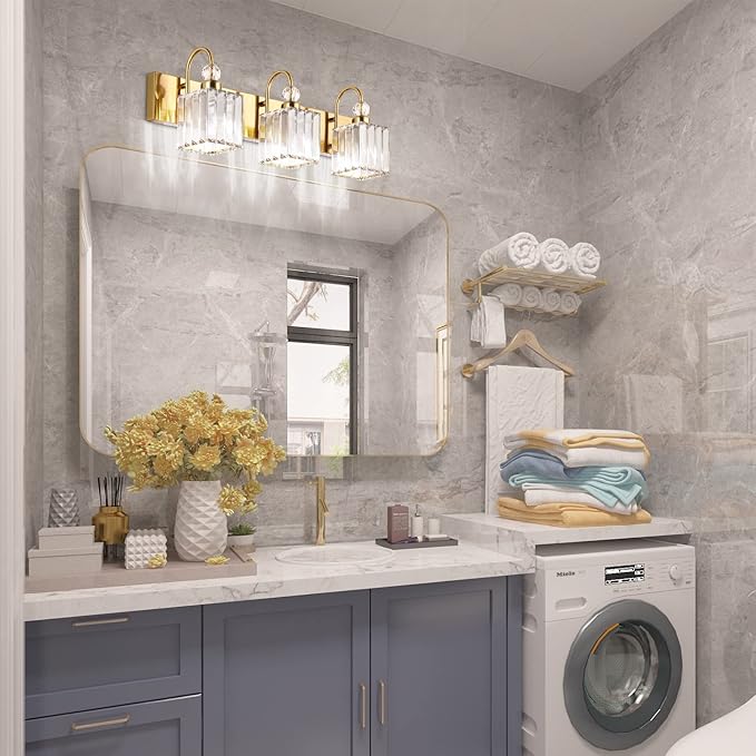 Ralbay Modern Gold Crystal Vanity Lights for Bathroom 3-Lights Crystal Vanity Lights Over Mirror Modern Crystal Gold Bathroom Wall Lighting Fixtures