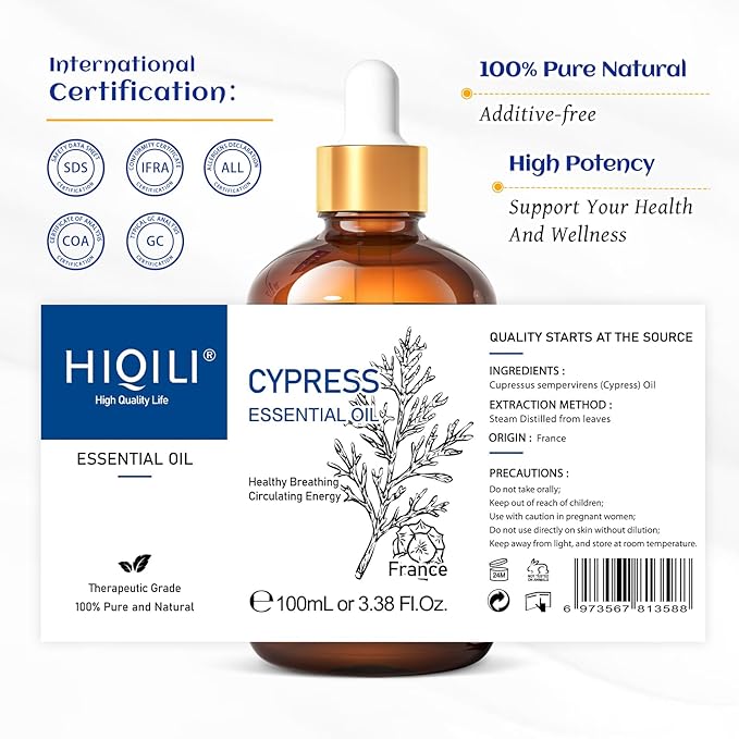 HIQILI Cypress Essential Oil for Diffuser, Humidfier, Skin Care
