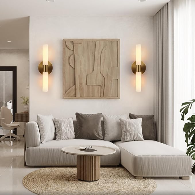 Wall Sconces Set of Two, Brass Gold Bathroom Sconces Wall Lighting with White Glass, Modern Sconces Wall Decor Set of 2 Wall Light fixtures for Bathroom Mirror Living Room Hallway Wall Lamp