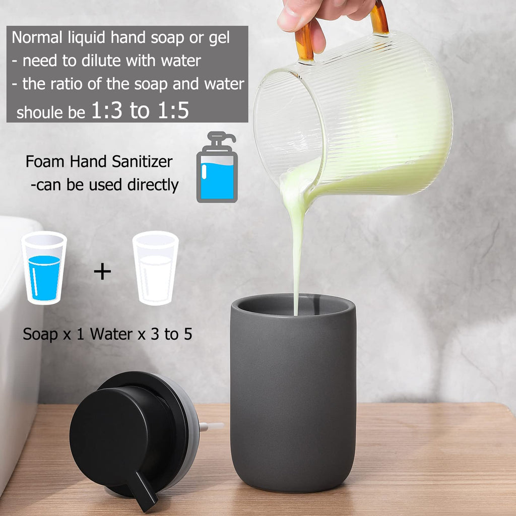 2 Pack Ceramic Foaming Soap Dispenser, Thick Black Pump Bottles, Gray