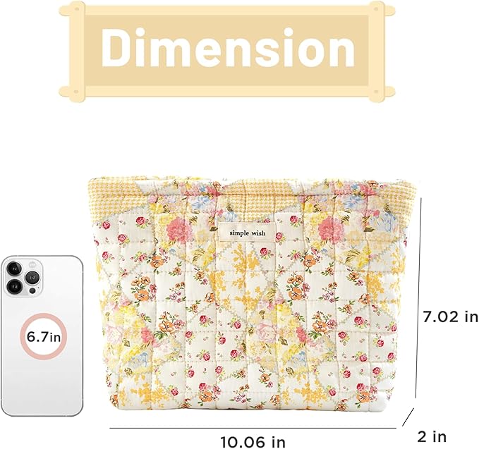 Sminra Quilted Floral Makeup Bag for Women, Cotton Cosmetic Pouch with Zipper, Slim Travel Toiletry Organizer for Makeup, Skincare and Daily Essentials Organizer (Beige Floral-L)