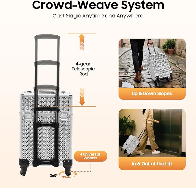 Professional Makeup Case on Wheels with 4 Universal Wheels Rolling Cosmetic Case 13.4 * 9.8 * 18.5in for Salon Travel Silver Mobile Makeup Station with Drawer