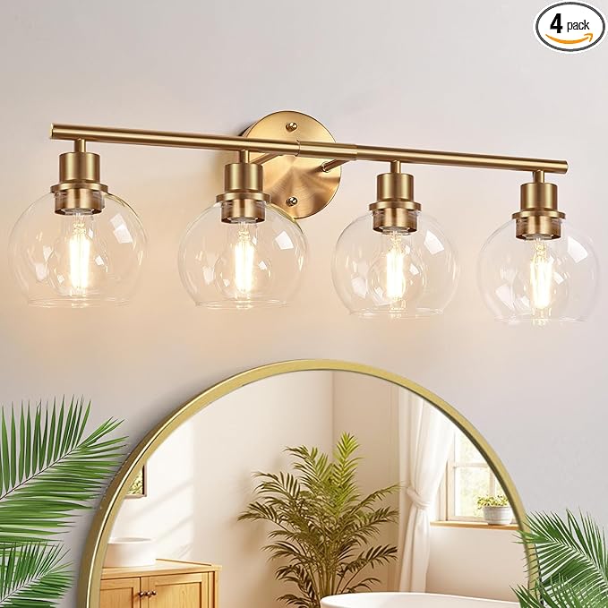 4-Light Bathroom Light Fixtures,Gold Modern Vanity Lights Over Mirror with Clear Glass Globe Shade, Bathroom Wall Sconces for Mirror Kitchen Living Room Hallway Cabinet Bedroom Porch
