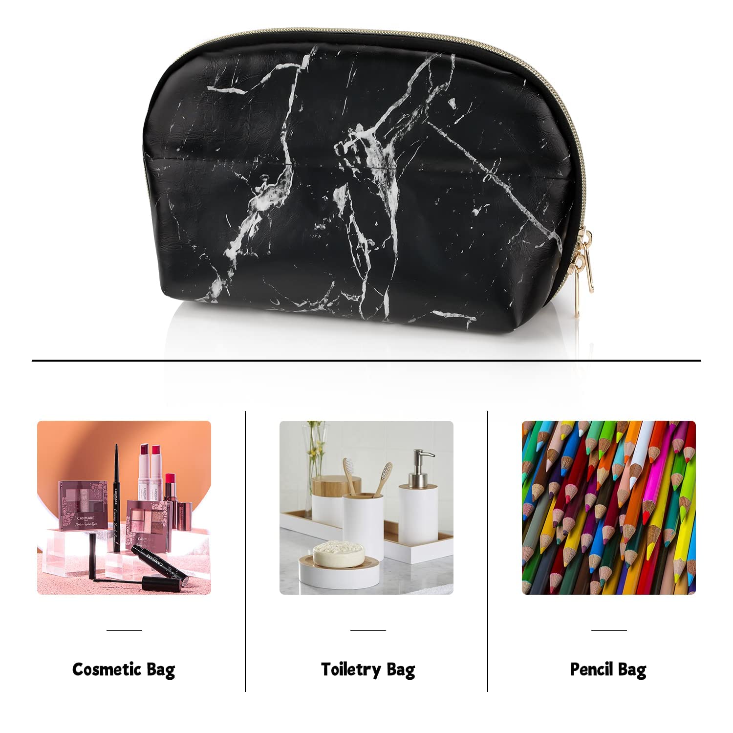 Ethereal Large Cosmetic Bag, Marble Black Travel Makeup Bag Waterproof Makeup Organizer Bag Portable Makeup Bag Purse Small Toiletry Bag for Women