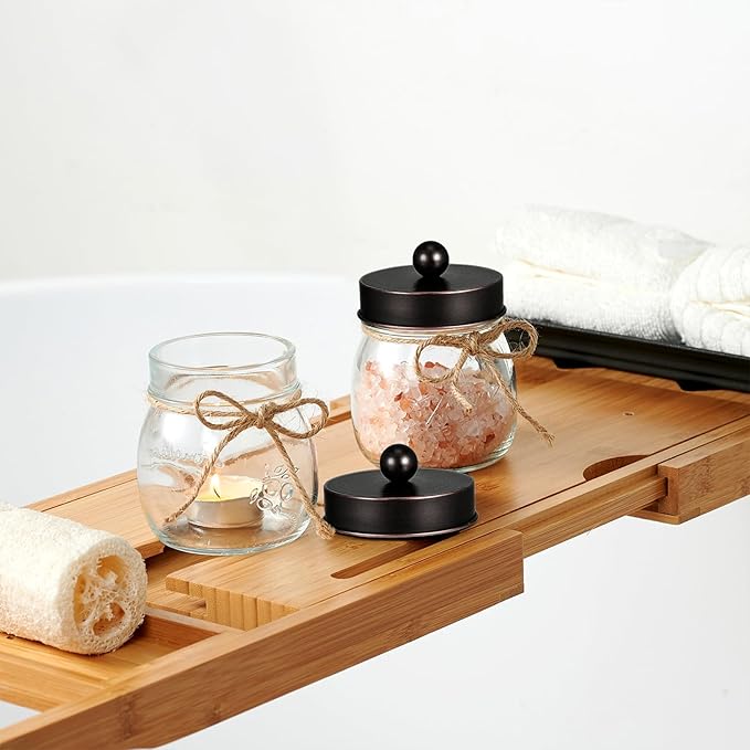 SheeChung Small Mason Jar, Glass Qtip Holder, Apothecary Jars with Lids, Bathroom Organizers and Storage, Bathroom Canister for Q-tips, Floss, Balls, Cotton Swabs, Farmhouse Decor-Oil Rubbed Bronze