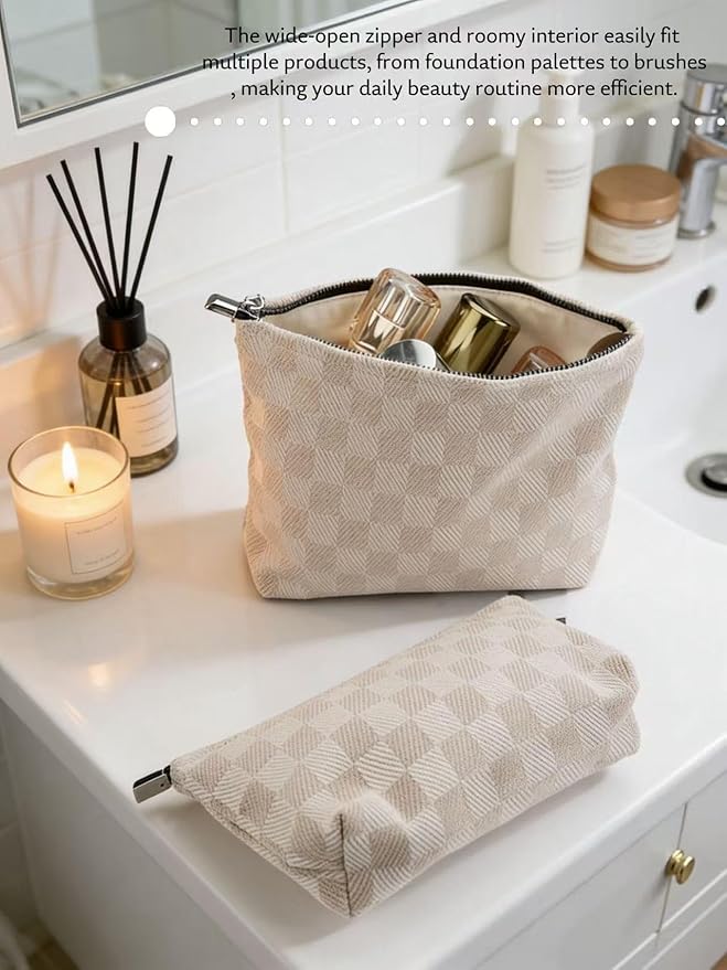 RIKMOXR 2-Pack Beige Checkered Makeup Bag Set - Large Capacity Cosmetic Organizer Pouch | Travel Toiletry Bag for Women Girls