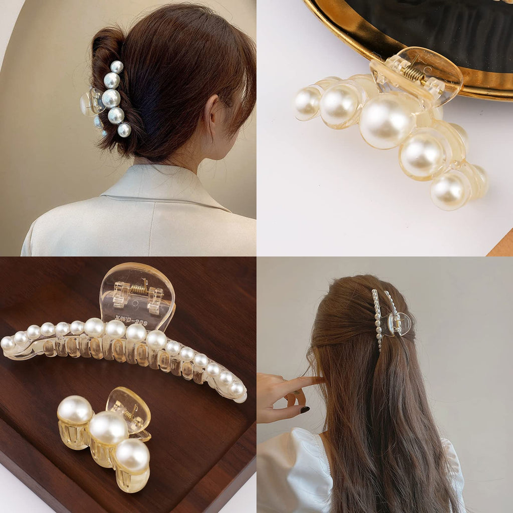 Mehayi 4 PCS Large Pearl Hair Claw Clips for Women and Girls, Non-Slip Hair Barrettes for Thick and Thin Hair, Elegant Hair Accessories for Weddings, Parties, and Daily Styling
