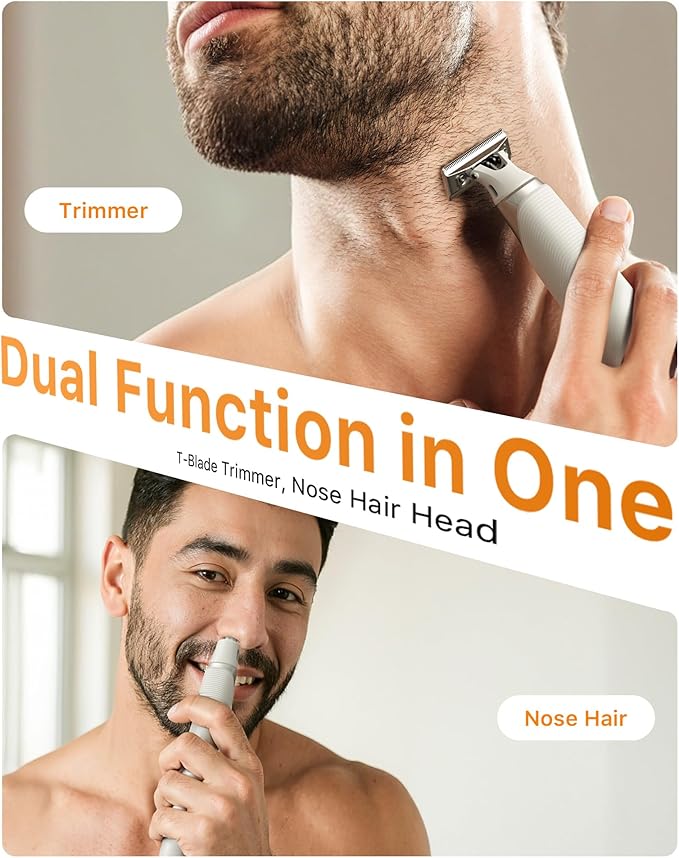 Trimcoo New 2 in 1 Body & Nose Hair Trimmer - Electric Beard Razor for Men, All-in-One Groomer with Magnetic Nose Hair Head, Waterproof Wet/Dry Use, Groin/Ball Shaver, USB-C Fast Charging,White(Solo)