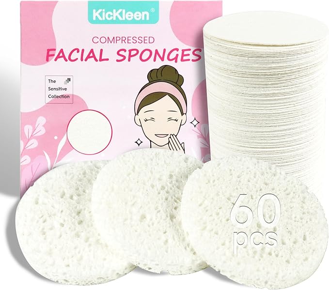 60-Count Compressed Facial Sponges|100% Natural Kickleen Cellulose Cosmetic Spa Sponges for Daily Facial Cleansing|Makeup and Mask Removal | Exfoliating | Skin Massage | Pore Exfoliation(White)