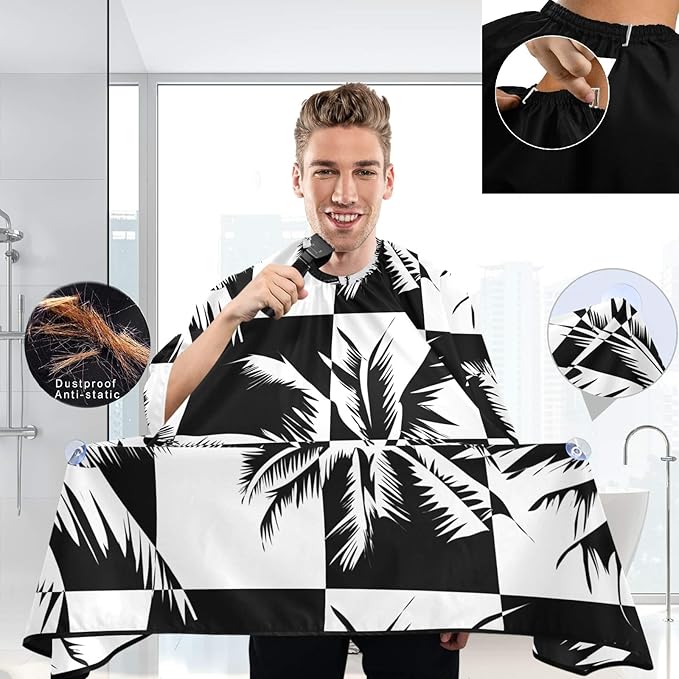 Visesunny Barber Cape - Tropical Coconut Tree Black White Grid Polyester Hair Cutting Salon Apron Anti-Static Haircut Shaving Cloth Beard Shaving Bib Hairdressing Cape