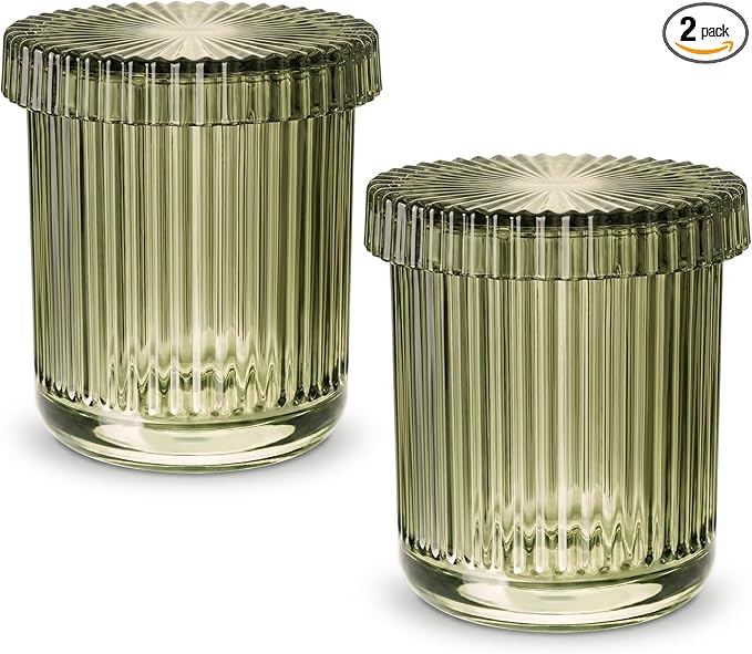 2 Pack Qtip Holder - Apothecary Jars with Lids, Bathroom Organizers and Storage Canister for Cotton Balls,Swabs,Floss Picks,Hair Ties,Clear Glass Vintage Bathroom Decor Jar Set (green2)