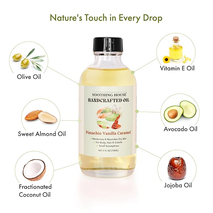 Soothing House Pistachio Vanilla Caramel Body Oil - Nourishing Body Moisturizer for Soft, Glowing Skin with Jojoba & Almond Oil (4 fl oz)
