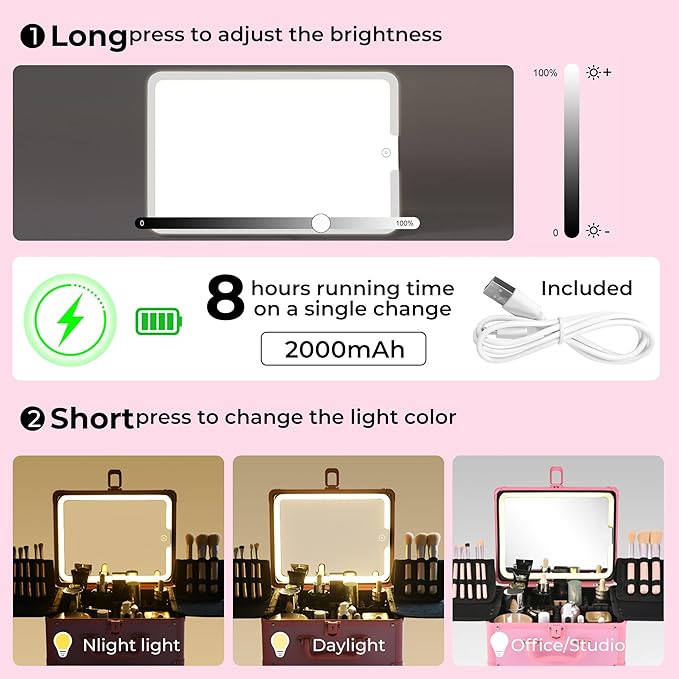 GALHUBIS Makeup Case with Lighted Mirror, Makeup Box Organizer with Detachable LED Mirror, Travel Makeup Train Case, Waterproof Cosmetic Organizer, Standing Brush Holder, Gift, Pink