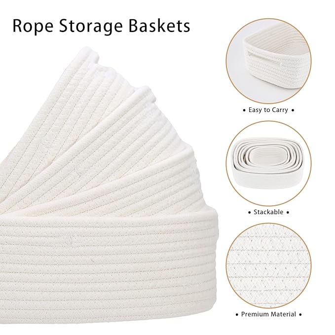 HLWDFLZ 7 Piece Cotton Rope Woven Basket Set - Small Basket for Baby Nursery, Pets, Montessori, Dog & Cat Toy Boxes, Bathroom Organization Bins (White)
