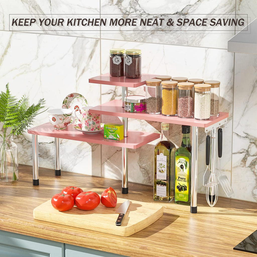 ZHWS Bathroom Counter Organizer Corner Shelf – Bathroom Organization Bamboo 3 Tier Spice Rack Makeup Organizer Bookshelf Space Saving Rack Kitchen Office Living Room (Pink)