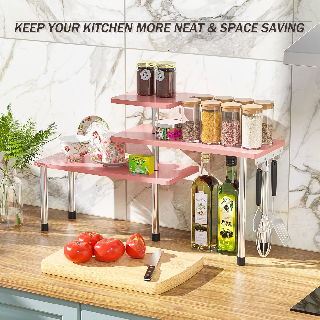 ZHWS Bathroom Counter Organizer Corner Shelf – Bathroom Organization Bamboo 3 Tier Spice Rack Makeup Organizer Bookshelf Space Saving Rack Kitchen Office Living Room (Pink)