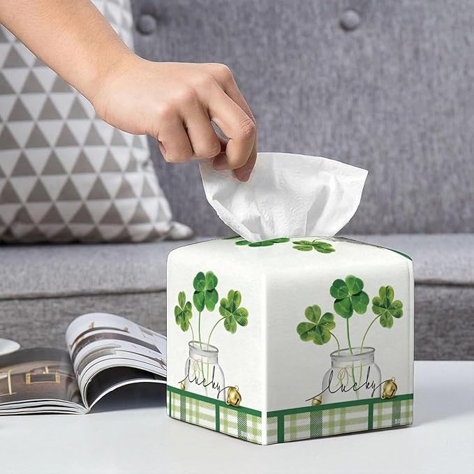 Lucky Clover Tissue Box Cover Leather Tissue Box Holder Square Facial Paper Organizer Dispenser for Bathroom Kitchen Bedroom Vanity Countertop Night Stands