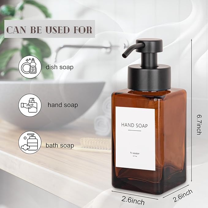 Foaming Soap Dispenser with Stainless Steel Pump, 12oz Refillable Glass Liquid Dish Soap Bottles for Bathroom, Kitchen Sink, Home Decor