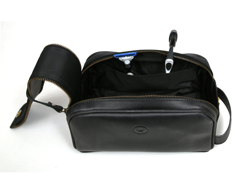 10" Premium Leather Toiletry Travel Pouch With Waterproof Lining Black Color | King-Size Handcrafted Vintage Shaving Kit By Aaron Leather Goods (Florida Black)