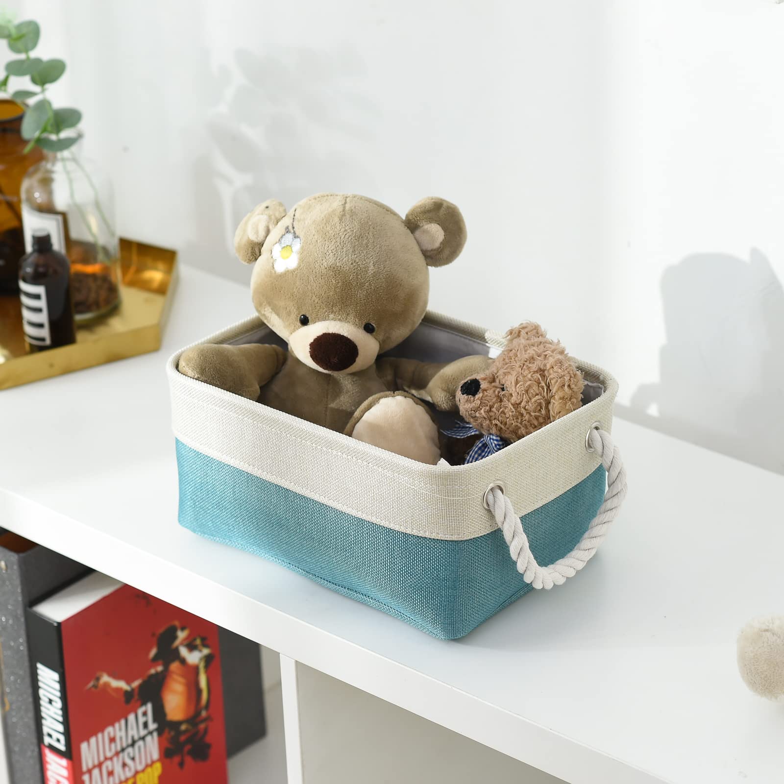 TheWarmHome Fabric Storage Bin with Handles,Storage Basket for Home Storage and Organization, Shelf Basket with Cover for Living Room Bedroom Decor Closet（White & Green,Small,11.8L×7.9W×5.2H
