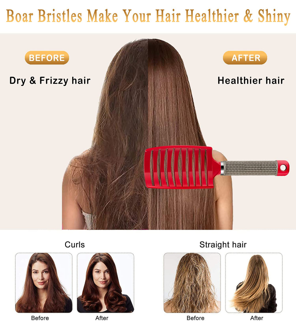 Detangling Brush Boar Bristles Set KTKUDY Hair Brush Curved and Vented Detangler Brush for Women Men Kids Wet and Dry Hair (Red&Black)