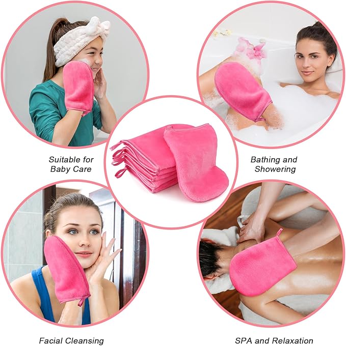PHOGARY 6 Pack Microfiber Face Body Wash Mitts, Reusable Makeup Remover Mitt Gloves, Soft Flannel Cleansing Mitts Bath Spa Cloth, European Style Face Cloth Mittens, 6×8inch, Hot Pink
