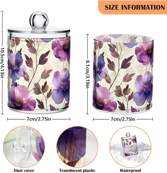 ALAZA 2 Pack Qtip Holder Dispenser for Cotton Ball Purple Tulip Flower Beige Swab Cotton Round Pads Clear Plastic Acrylic Jar Set Bathroom Canister