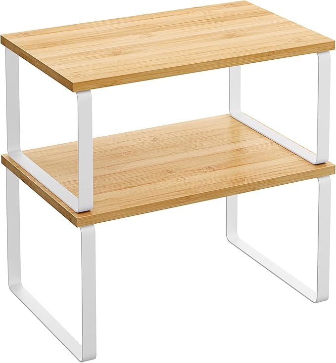 SONGMICS Cabinet Organizer Shelf, Set of 2 Kitchen Counter Shelves, Kitchen Storage, Spice Rack, Stackable, Expandable, Metal and Engineered Wood, 11.7 Inches, Cloud White and Natural Beige UKCS02NW