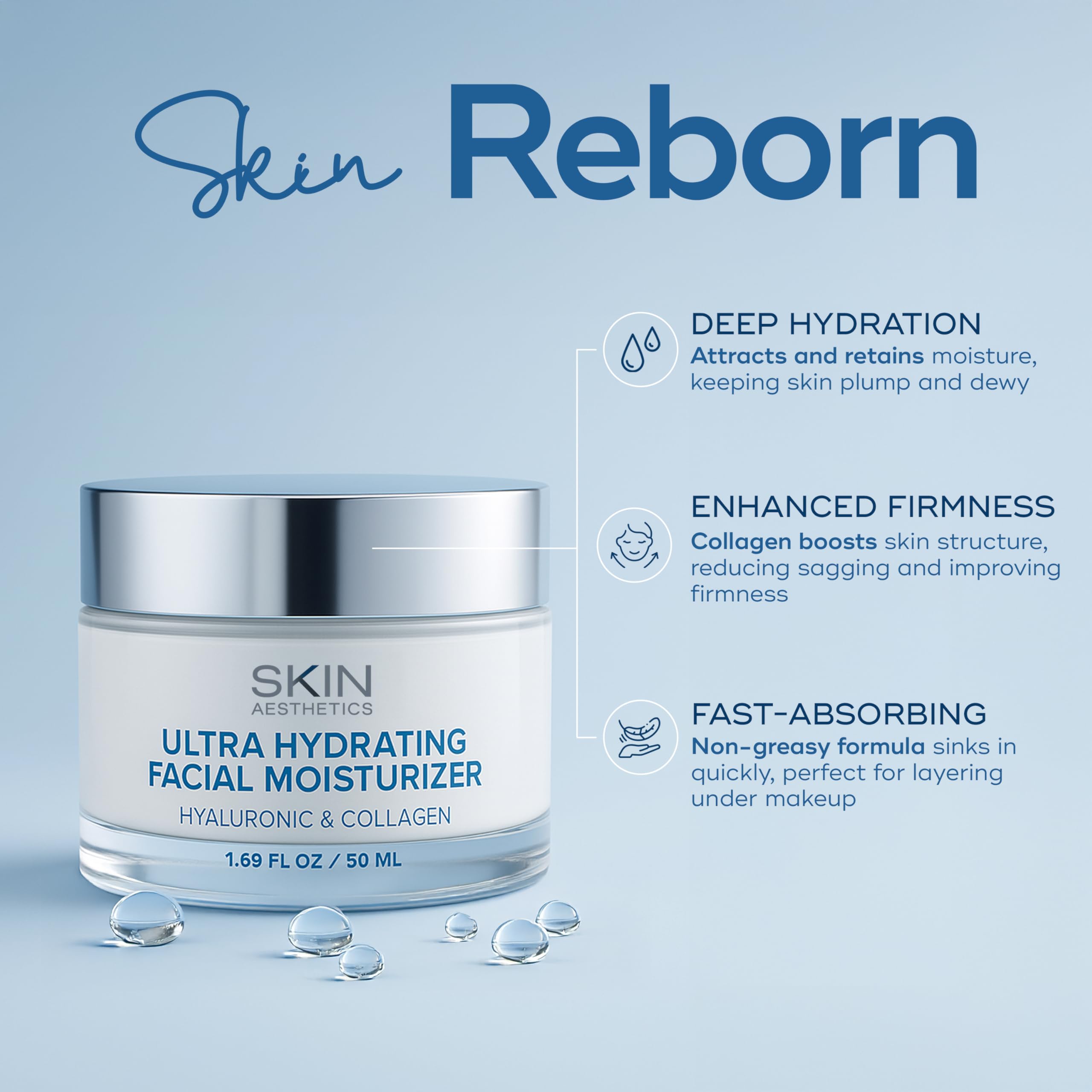 Skin Aesthetics Hyaluronic Acid & Collagen Face Moisturizer - Anti-Aging, Ultra Hydrating, Fine Lines & Wrinkles Treatment - Dermatologist Tested Korean Skincare - Clean Beauty, Cruelty-Free - 1.69 oz
