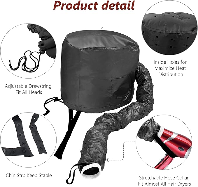 Safety Portable Hair Dryer Bonnet Attachment for Hair Styling, Adjustable Chin Strap and Side Fitting Drawstring Hood Dryers for Hair Home