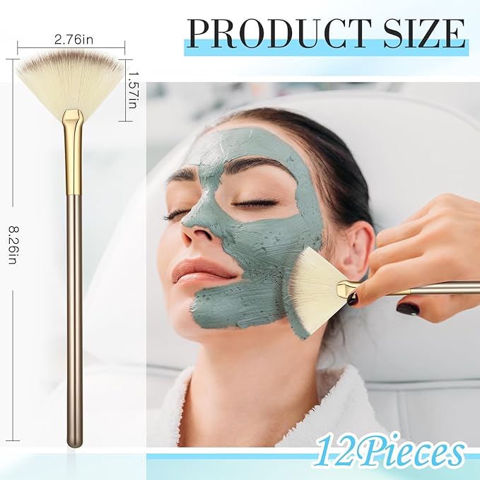 Ziliny 12 Pcs Soft Facial Fan Brush Blush Makeup Brush Face Mask Acid Applicator Multi Use Cosmetic Tools for Peel Mask Makeup for Mud Cream(Champagne)