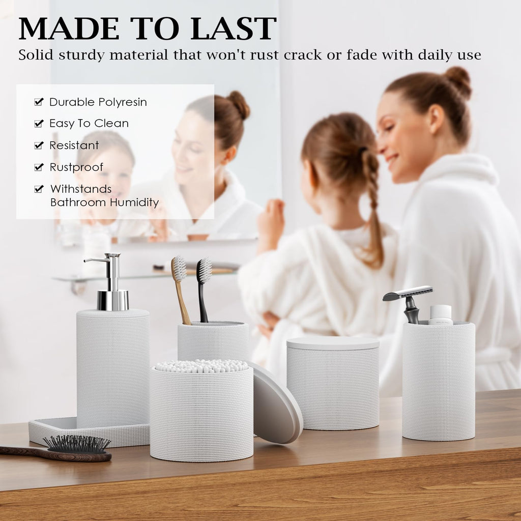 InnJoey 6-Piece White Bathroom Set - Mesh Textured Resin Bathroom Accessories Set with Soap Dispenser, Toothbrush Holder, Cup, Vanity Tray & Apothecary Jars for Small Spaces