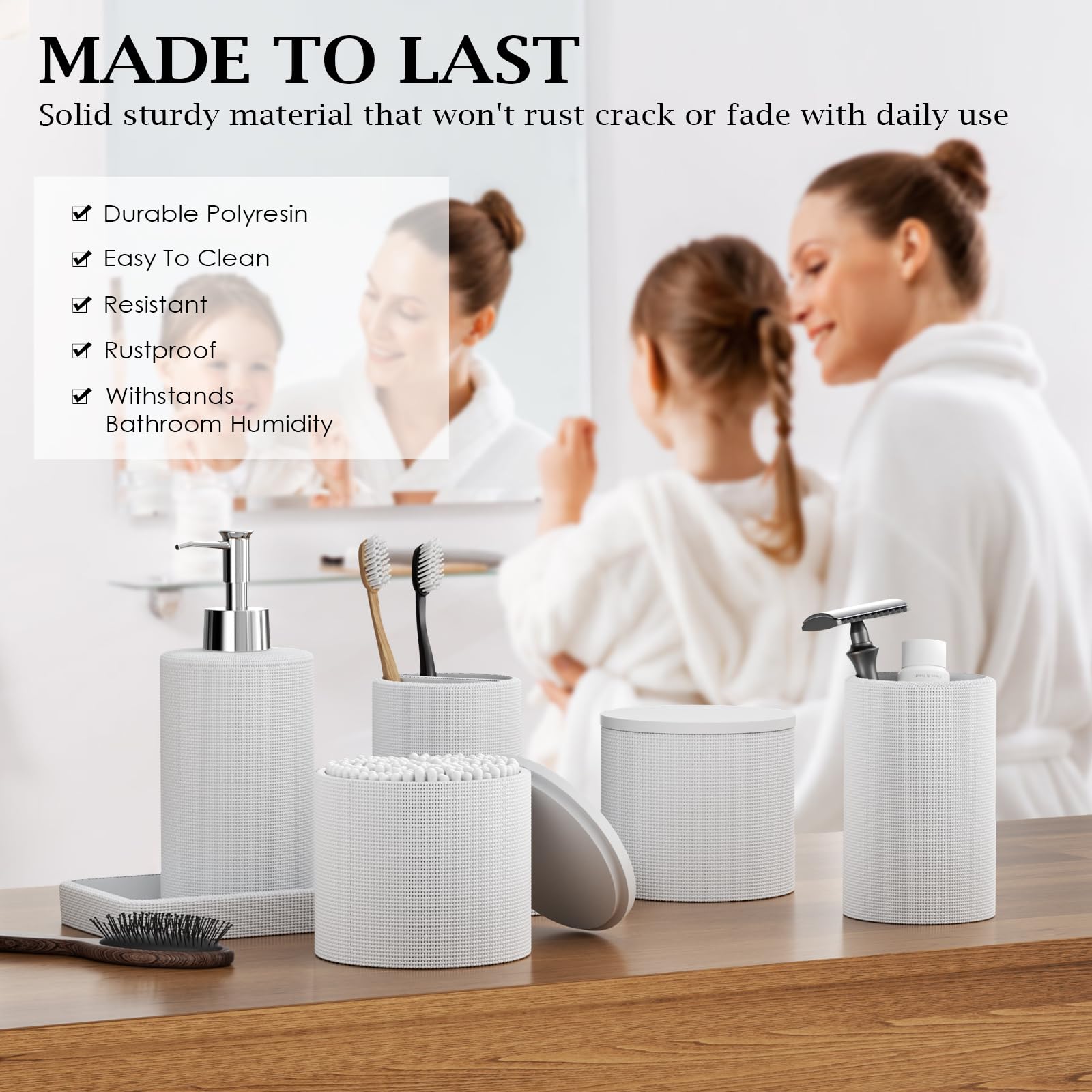 InnJoey 6-Piece White Bathroom Set - Mesh Textured Resin Bathroom Accessories Set with Soap Dispenser, Toothbrush Holder, Cup, Vanity Tray & Apothecary Jars for Small Spaces