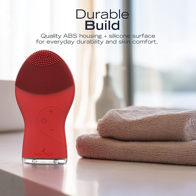 Nautica PC120 Facial Cleansing Brush Made with Ultra-Hygienic Soft Silicone, Waterproof, Rechargeable Vibrating Face Exfoliator Scrub Brush with Sonic Technology for Men & Women - Dancing Red