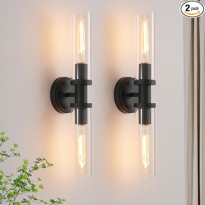 Wall Sconces Set of Two,Matte Black Bathroom Sconces Wall Lighting with Clear Glass, Modern Sconces Wall Decor Set of 2 Wall Light fixtures for Bathroom Mirror Living Room Hallway Bedroom Wall Lamp