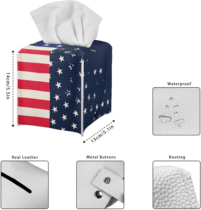 American Flag Tissue Box Holder Stylish Leather Square Tissue Box Cover with Top Handle Waterproof Napkin Case Holder Home Office Bathroom Decor