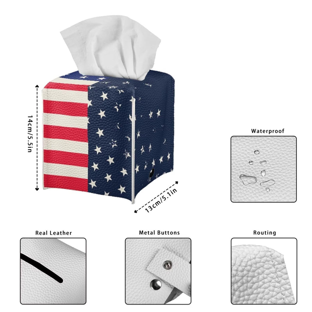 Pzuqiu American Flag Tissue Box Holder Stylish Leather Square Tissue Box Cover with Top Handle Waterproof Napkin Case Holder Home Office Bathroom Decor